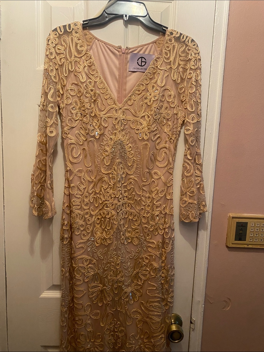 JS Collections Gold Beaded Long Sleeve V-Neck Gown